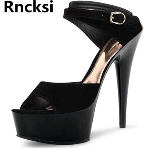 Rncksi Black Peep Toe Sexy Women Dance Shoes Ankle Straps Sandals Wedding Party 15cm High Heels Sandals With 5cm Platform Shoes