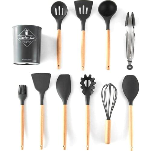 Silicone Kitchen Kitchen Ware Natural Wood Handle High Quality Cooking Tools Turner Tongs Spatula Spoon Utensils with Organizer