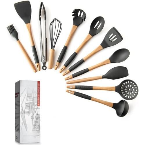 Silicone Cooking Utensil Set Wooden Handle Spatula Soup Spoon Brush Ladle Pasta Colander Non-stick Cookware Kitchen Tools 11pcs
