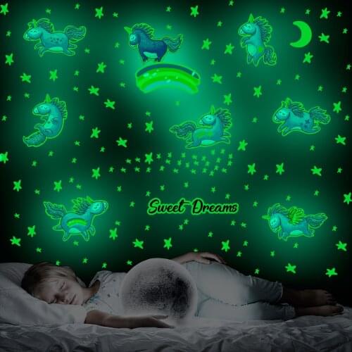Luminous Unicorn Stars Wall Stickers for kids rooms Decoration Fantasy Starry Cartoon Fluorescent Self-adhesive Paper Wall Decal