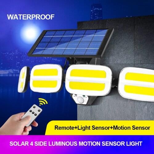 Solar Lights 4800mAh Outdoor 200LED/240COB LED Motion Sensor Lights with Remote Control 4 Heads LED Flood Light IP65 Waterproof