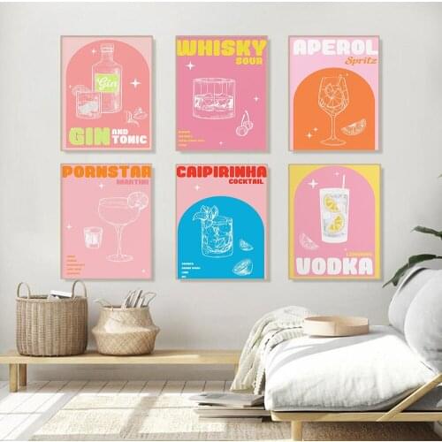 Wine Kitchen Poster Print Cocktail Liquor Drink Canvas Print Vintage Wall Art Painting Pictures Dining Room Restaurant Bar Decor