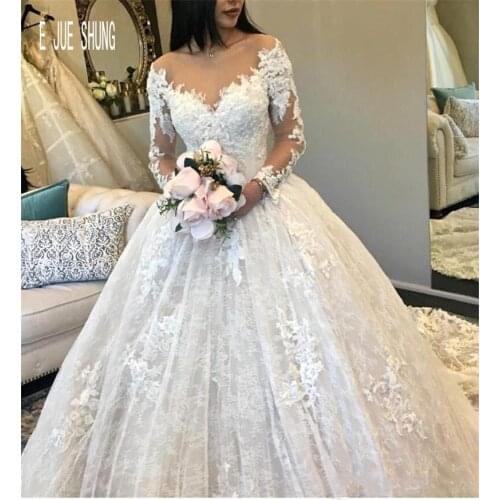 E JUE SHUNG Vintage Arabic Ball Gown Wedding Dresses Scoop Neck Long Sleeves Lace Appliques Bridal Gowns Vestido De Noiva