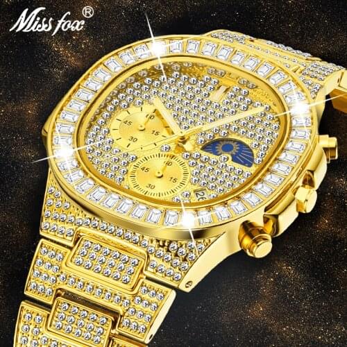 MISSFOX Brand Reloj Water Resistant Automatic Date Real Chronograph 18K Plant Gold Man Watch Waterproof Dropshipping Gent Clock