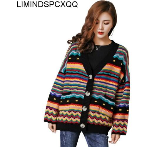 2021 Rainbow Stripe Knitted Cardigan Sweater V-neck Korean Loose Tops Rabbit Hair Core Spun Yarn Long Sleeve Fashion Clothing
