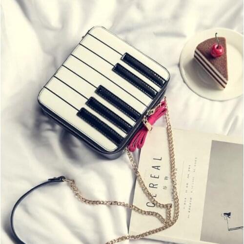 Women personalized panelled black white patchwork piano keys chain crossbody bags korean version bow knot shoulder bag