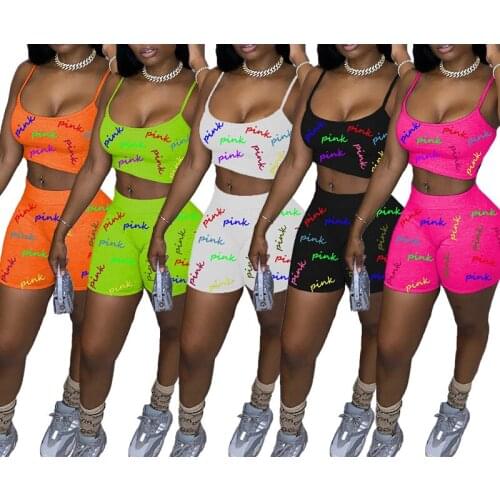WomenS Fashion Pink Letter Print Matching Sets Shorts Set Summer Sports Workout Running Clothes Set Suits Camis+Shorts 2pcs Set