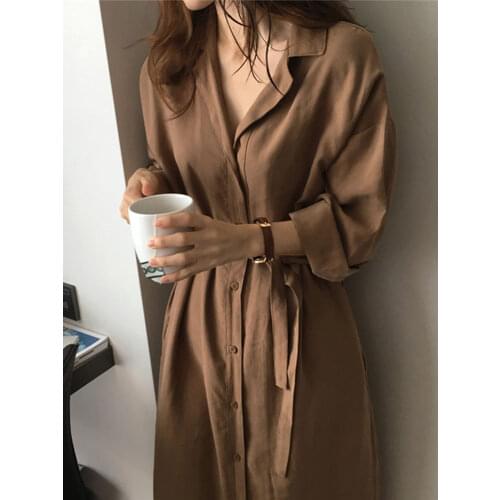 Women Elegant Dress Korea Chic Loose Lapel Shirt Dress Tie Waist Long Trench Dress Female Cardigan Dress GD598