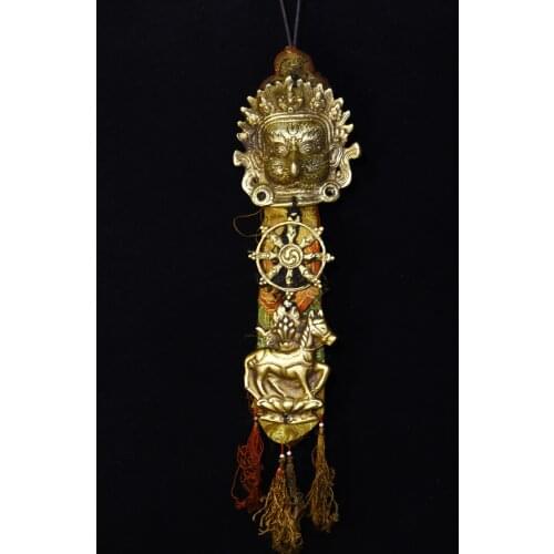 17" Tibet Buddhism Old Bronze With prayer flags Mahakala head mask Horse statue Pendant Ward off evil spirits Town House