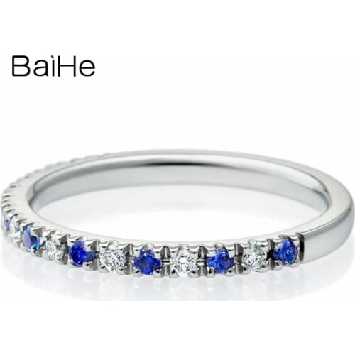 BAIHE Solid 14k White Gold 0.10ct H/SI Round Natural Diamonds Sapphires Fine Jewelry Wedding Band Gift Women Ring Men Ring