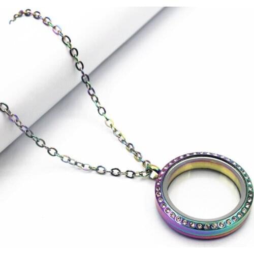 Free Chain 30mm Rainbow Stainless Steel Crystal Floating Lockets Necklace Twist Glass Locket Pendant Necklace Jewelry For Women