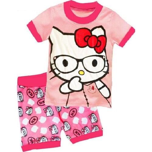Free Shipping 1-7T Childrens Cat Cartoon Set Kids Sleepcoat Boys Girls Shortsleeve Pyjamas Cotton Sleepwear