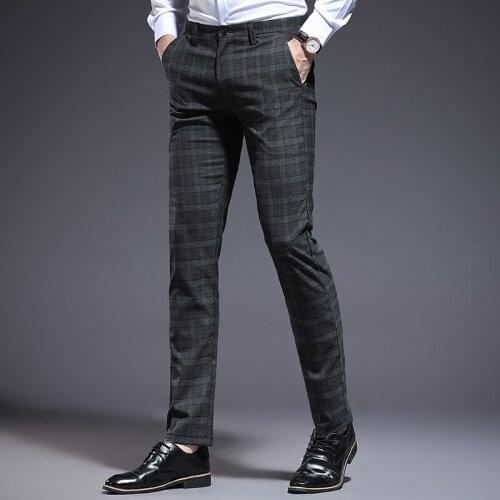 Skinny Plaid Men Dress Pants Pencil Business Office Formal Trousers For Male Stretch Suit Pants Men Slim Summer 2020