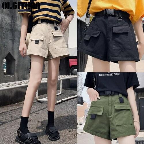 Women Summer 2020 New High Waist Slim Loose Straight Cargo Pants Streetwear Casual Solid Pocket Sashes Short Pants Femme