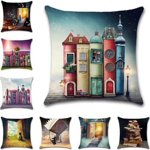 Cartoon Book Castle White Cushion Cover Decorative Home Throw Sofa Chair Car Seat Friend Bedroom Kids Gift Pillowcase