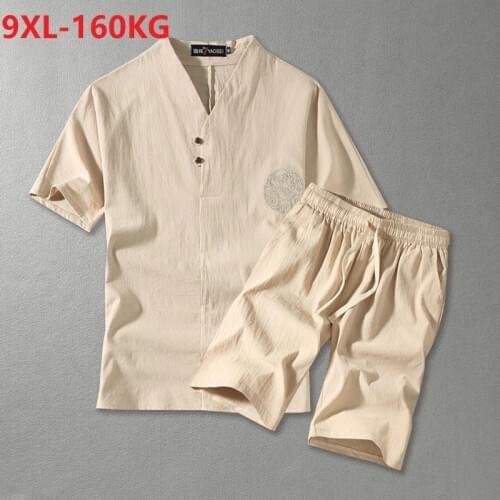 Men T-shirt short sleeve and shorts linen cotton Chinese style large size 7XL 8XL 9XL floral embroidery Tang suit tees homewear