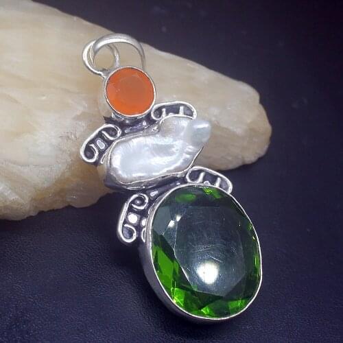 Gemstonefactory Jewelry Big Promotion Single Unique 925 Silver Vintage Biwa Pearl Peridot Topaz Women Lady Necklace Pendant