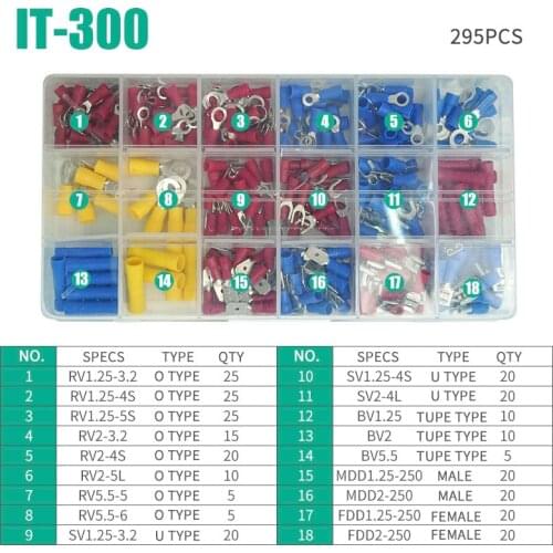 IT-300 295Pcs/ Box 18 In 1 Insulated Terminals Spade Ring Fork U-type Crimp Connector Tube Wire Connector Assortment Kit