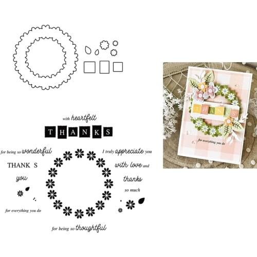 Round Wreath Frame Thank Metal Cutting Dies Clear Stamps Transparent Silicone Seal for DIY Scrapbooking Photo Album Decorate