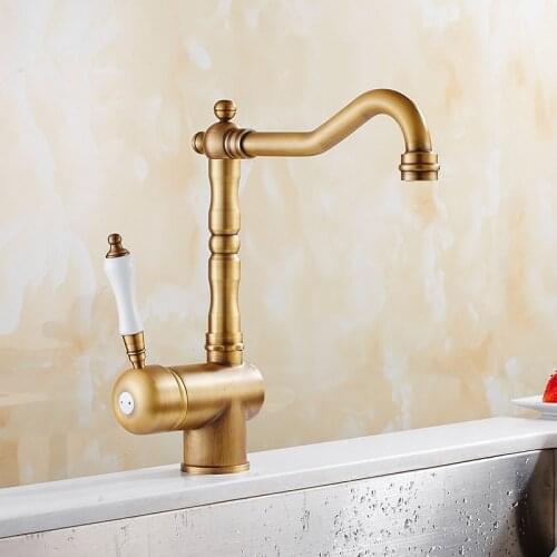 Kitchen Faucet Antique Brass Carved Kitchen Faucet Copper Swivel Kitchen Sink Mixer Tap Crane Faucet Hot Cold Cocina Torneira