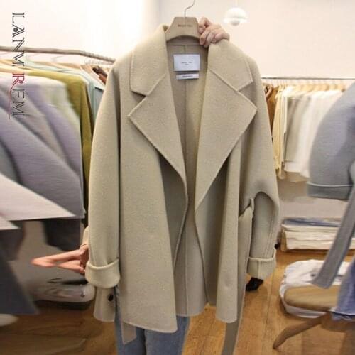 LANMREM Fashionable Womens Lapel Cashmere Blend Coat 2021 New Autumn Winter Casual All-match Khaki Jacket Coats Wuth Belt 2W134