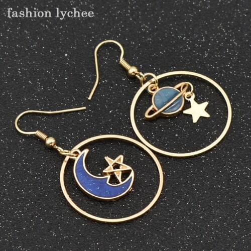 Fashion lychee Round Circle Planet Moon Charms Asymmetry Women Dangle Earrings Cosplay Party Jewelry Accessories