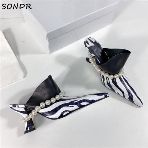 Fashion Zebra Prints Pearl Decor Ladies Slippers Women Slip On High Heel Mules Sandals 2021 Pointed Toe Kitten Heels Shoes Woman