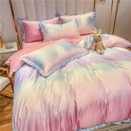 Rainbow summer double-sided silk is set small fresh shake tone with ice silk cotton cotton four-piece set bed ins