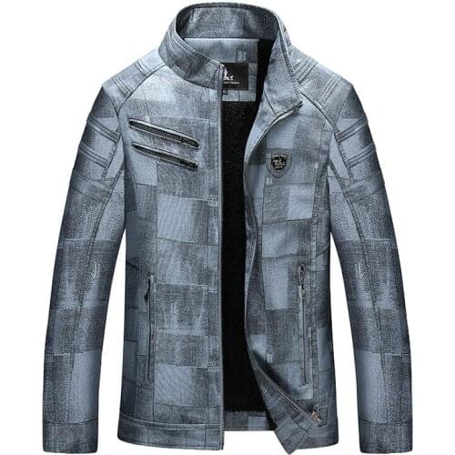 2021 New Mens Printed Stand Collar Business Casual Leather Youth Fleece-Lined Warm Motorcycle Leather Coat