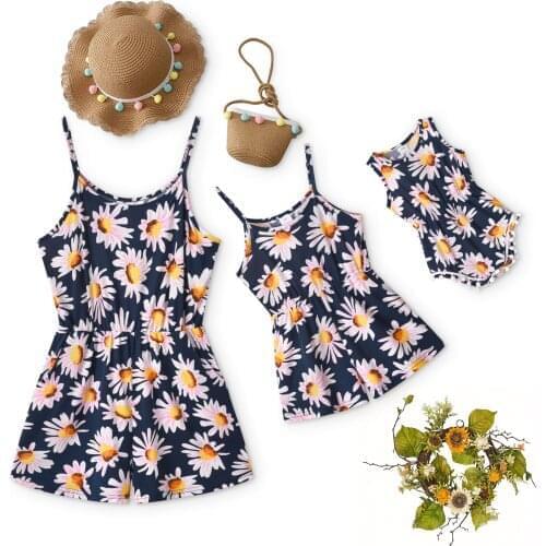 2021 New European and American Fashion Flower Print Sling Dress Parent-child Dress mom and daughter matching clothes
