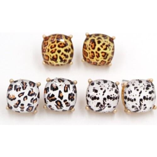 New Arrivals Square Alloy Inlay 3D Resin Leopard Dog Print Stud Earrings For Women