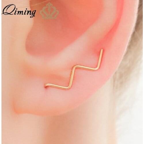 QIMING Simple Ocean Wave Earrings Women Ear Climber Crawler Wrap Gold Earring Studs Ear Cuff Chevron Fashion Jewelry