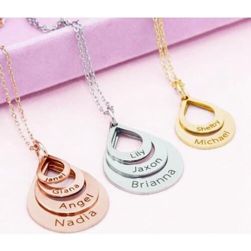 Personalized Engrave 3 Names Water Drop Pendant Necklace Gold Silver Color Customized Family Gifts for Woman Monthers Days Gift