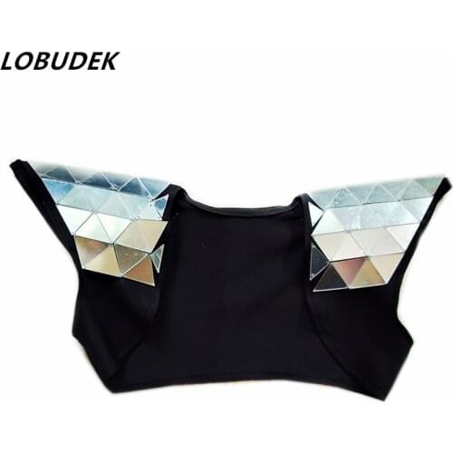 Sexy Silver Gold Lens Sequins Mirrors Waistcoat Vest Bra Female Costumes Mirrors Armor Singer Dancer DJ Show Nightclub Clothes