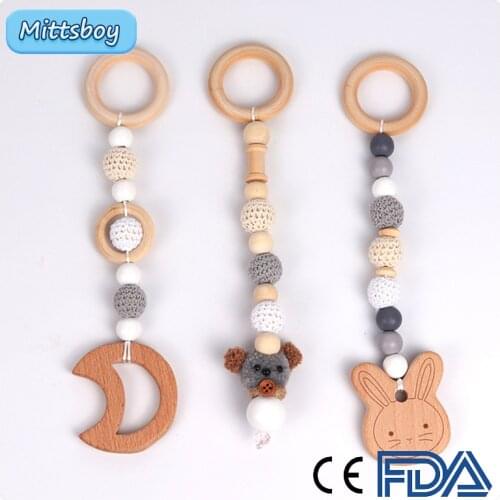 3pcs Wooden Rabbit Mobile Holder Teething Pendant Wooden Gym Rodent Silicone Beads Necklace Clip Stroller Arch teether Toys Gift