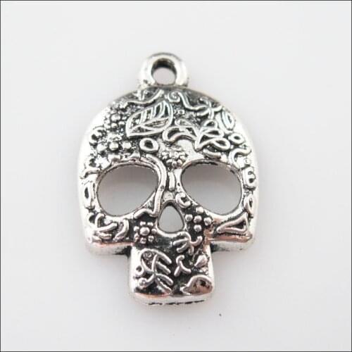 18 New Charms Tibetan Silver Halloween Flower Skull Pendants DIY 16x23.5mm
