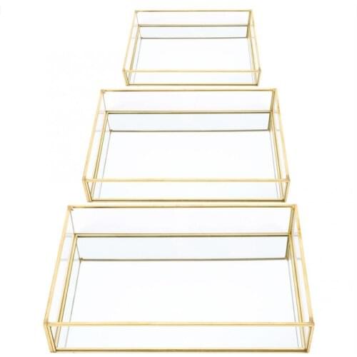 3 Size Vintage Metal Glass Storage Box Gold Tray Jewelry Cosmetics Display Boxes Cosmetics Storage Tray Kitchen Organizer
