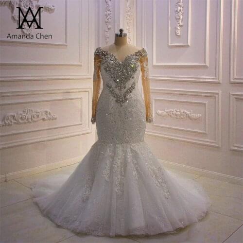 Robe blanche mariage Lace Appliqued Crystal Mermaid Wedding Dress Long Sleeve