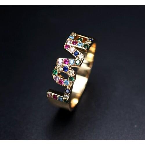 Luxury Love Letter Ring pave colorful Rainbow Cubic Zirconia stone Wedding Finger Ring for women accesories 2019 Fashion Jewelry