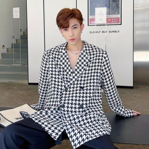Double Breasted Shirt Men Vintage Houndstooth Fashion Suit Collar Loose Casual Long Sleeve Plaid Shirts Tops Man Dress Shirts