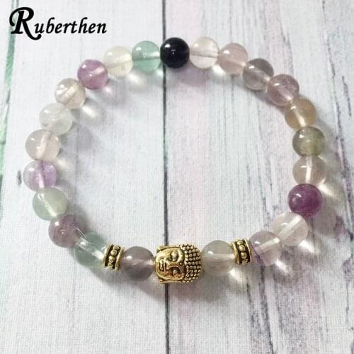Ruberthen New Buddha Head Women`s Yoga Bracelet Natural A Grand Fluorite Stone Bracelet Meditation Balance Hearling Jewelry
