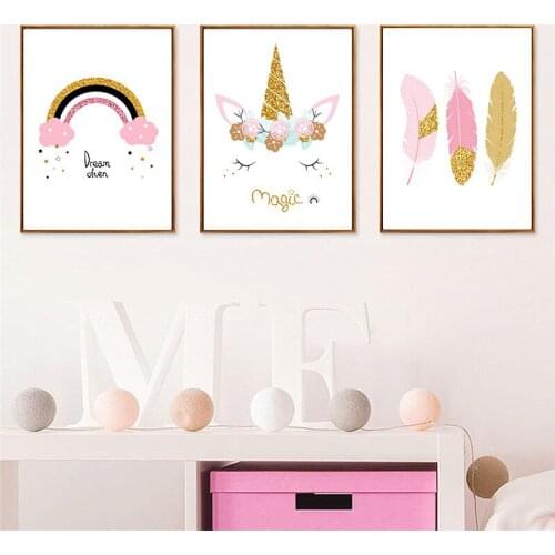 Nordic Fresh Pink Cartoon Unicorn Feather Cloud Decorative Canvas Painting Background Wall Hanging Painting Posters and Prints