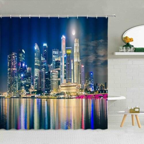 Modern City Night View Scenery Shower Curtain Architecture Bridge Sea Bathroom Decor Colorful Lighting Landscape Fabric Curtains