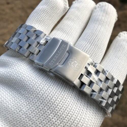 STEELDIVE SD2605 Stainless Steel Replacement Bracelet 22MM Fully Brushed Signed Buckle Folding Clasp with Safety for Dive Watch