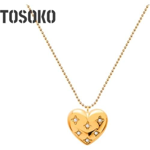 TOSOKO Stainless Steel Jewelry Peach Heart Zircon Sweater Chain Long Heart With Zircon Necklace Sweet Chain For Female BSP583