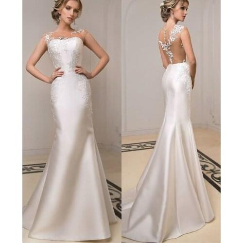 Vintage Long O-Neck Wedding Dresses Lace Mermaid Satin Illusion Back Robes De Mariée Bridal Gown For Women