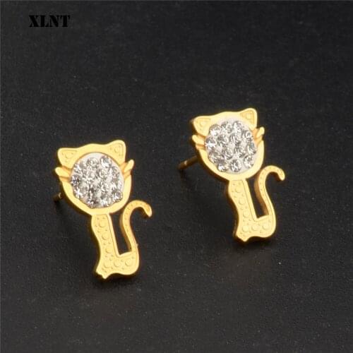 XLNT Stainless Steel Hypoallergenic Animals Zirconia Crystal Cat Stud Earrings For Women Gift y female Brincos Bijoux