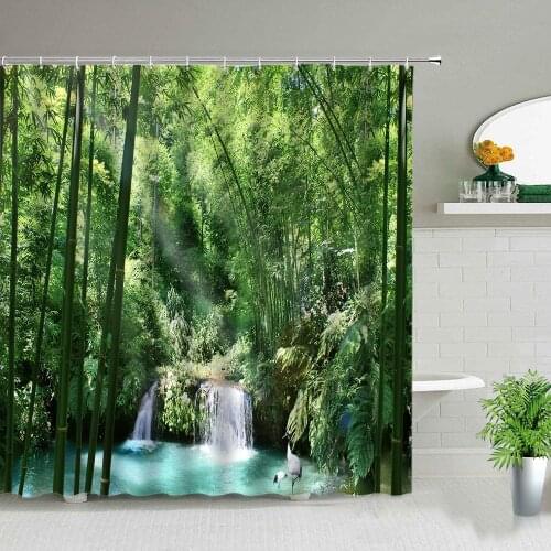 Green Bamboo Waterfall Shower Curtains Mystic Forest Nature Landscape Bath Curtain Waterproof Fabric Bathroom Decor With Hooks