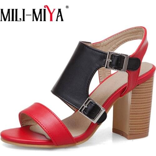 MILI-MIYA Women Europe Sandals Fashion Square High Heel Buckle Strap Women Shoes Pu Leather Ladies Gladiator Sandals