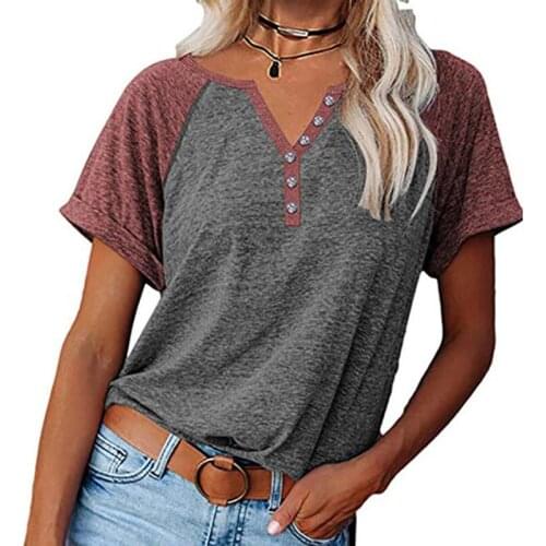 2021 Women Summer Fashion V-Neck Stitching Top Short Sleeve Patchwork Color Button T-Shirt Casual Loose Comfortable Daily Tops